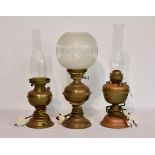 A pair of brass oil lamps converted to electricity, together with other, one with glass shade. (3)