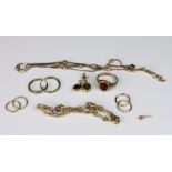 A selection of 9ct gold items, to include 1 ring, 3 pairs of earrings, 2 bracelets and a necklace.