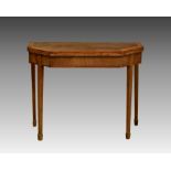 A late Regency cross banded mahogany foldover card table, the satinwood banded rectangular top