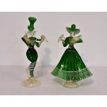 A pair of green Venetian or Murano glass carnival figures, second half 20th century, the lady's