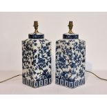 A pair of modern blue & white Oriental style decorative table lamps, of rectangular form with