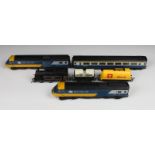 Two Hornby HST Intercity 125 blue/yellow 43011 diesel Locomotive Dummy unit 253 005, together with