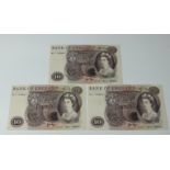 BRITISH BANKNOTES - Bank of England Ten Pounds, c. 1971, prefix M11 replacement notes, three