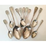 A collection of silver shooting spoons, comprising five silver fiddle pattern shooting teaspoons,