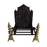 A pair of 18th century style baroque brass and wrought iron andirons, 21in. (53.25cm.) high,