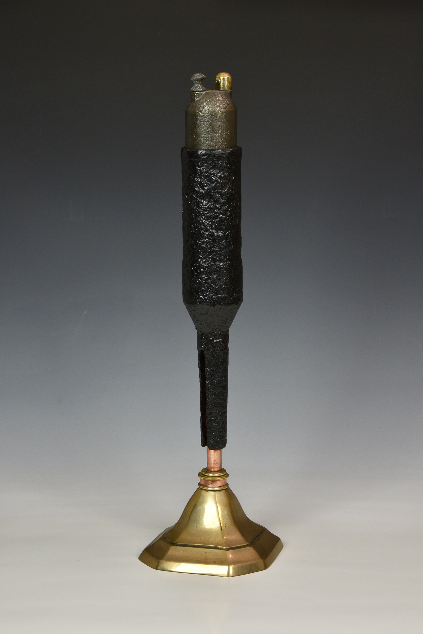 A mounted trench art WWI French grenade launcher cup discharger and inert grenade, for Lebel &