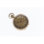 A Swiss 18ct gold open face fob watch, fob wind lever movement, gilt Roman dial with chased floral