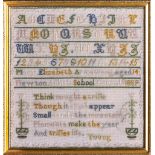 A Victorian needlework sampler, Mary Elizabeth Armstrong aged 14, 1889, worked in coloured wools