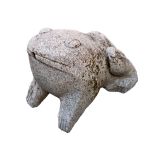 A grey granite frog garden fountain / water feature, modelled as a comical looking crouched frog