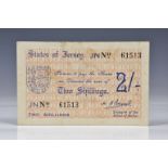 A States of Jersey occupation two shilling banknote, JN 61513, treasurers signature H. F. Ereaut,