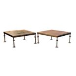 A pair of wrought iron and steel low garden or conservatory drinks tables, late 20th century, the