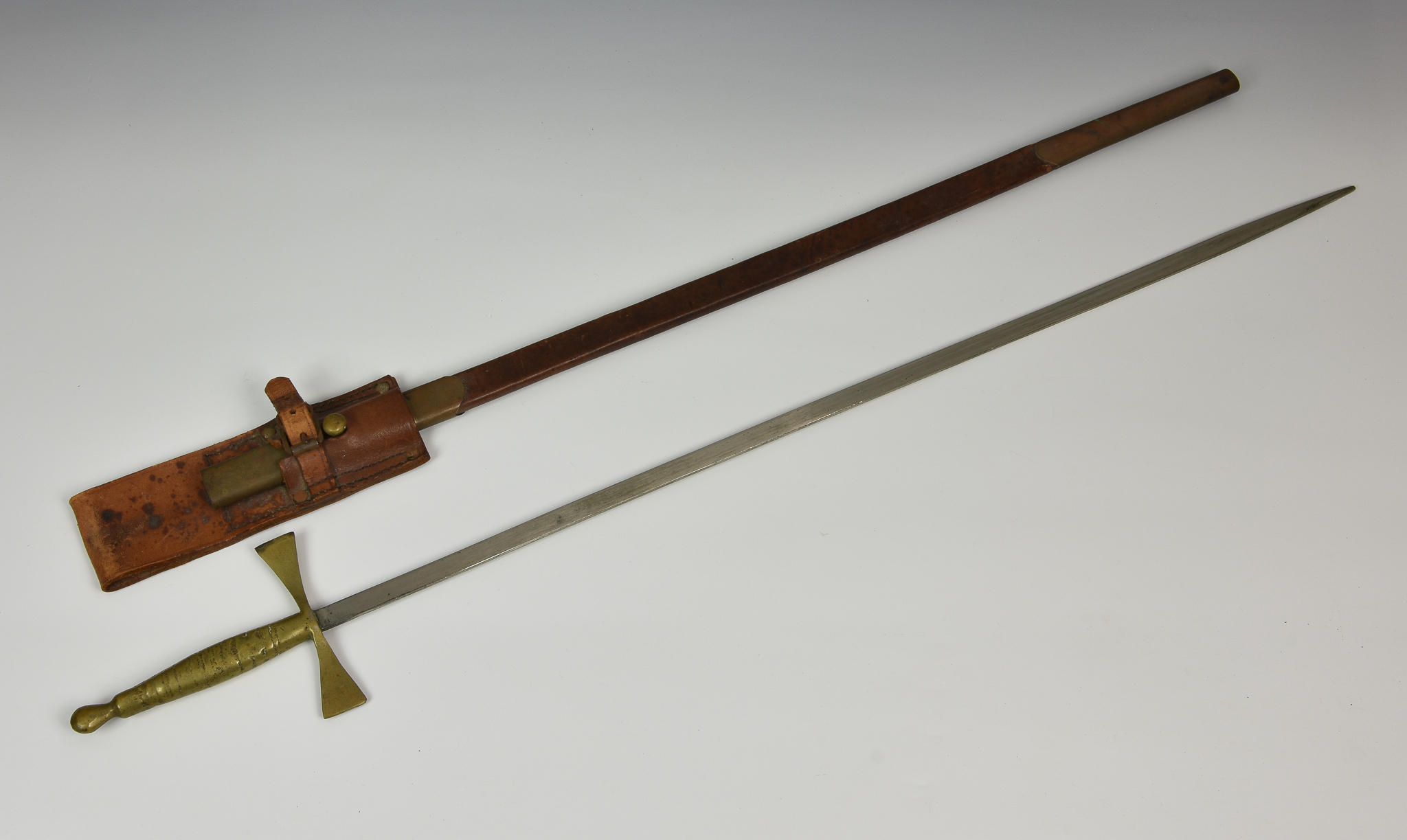 An unmarked Court Sword, brass handle, 27in. blade, brown leather scabbard. - Image 2 of 3