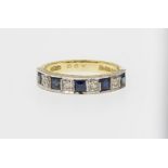 A vintage 18ct yellow gold, sapphire and diamond half eternity ring, set with alternate square cut