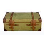 A green canvas and leather travelling trunk, early 20th century, by Drew & Sons Piccadilly Circus,