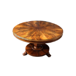 A Victorian style flame mahogany radially veneered tilt top breakfast or centre table, the moulded