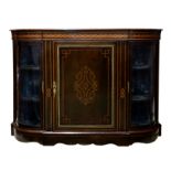 A Victorian mahogany, marquetry and parquetry breakfront credenza, the moulded top over a