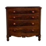 A good mid-19th century Channel Islands bowfront chest of drawers, the boxwood strung top over