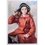 K. Mayor (British, early 20th century), Portrait of a young girl in a red coat watercolour, signed