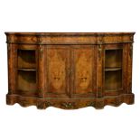 A good Victorian burr walnut, kingwood, marquetry and ormolu serpentine credenza, the well figured