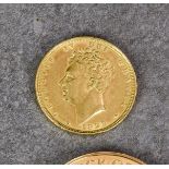 A George IV 1829 'Bare Head' gold sovereign, rev. crowned garnished shield, VF-EF cdn.