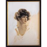 English School (1920s-30s), Portrait of a young lady, in a black hat and fur stole watercolour,