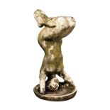 A marble garden statue of a female nude, raised on circular socle, nicely weathered patina, 32½