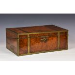 A 19th century campaign burr walnut veneered brass bound writing slope, the lock stamped ' E