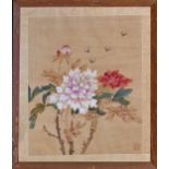 A Chinese watercolour silk painting, 20th century, of bees and peony flowers, signed with red seal