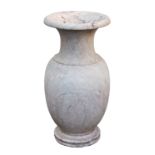A white marble garden or conservatory vase, in light grey and light amber veined marble, of baluster