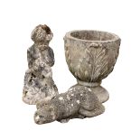 A composite stone pedestal garden planter, with stylised foliate motifs, 13in. (33cm.) high,