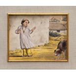 Continental, late 19th century, Child in Ottoman Dress with a Dog in a Village Watercolour and