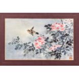 A Chinese watercolour of a bird in flight over pink roses, mid-20th century, on wove paper, signed