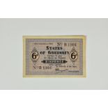 BRITISH BANKNOTE - STATES OF GUERNSEY - German Occupation Sixpence, on French blue paper (faded),