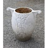 A cast metal twin handled urn style garden vase, with central foliate decoration, 10½in. (26.8cm.)