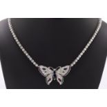 A 14ct white gold, diamond and varigem butterfly pendant necklace, featuring a butterfly pendant