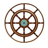 A mahogany ships wheel from a 19th century Dutch Sailing Barge, 8 Spoke, with bent ash rim, brass