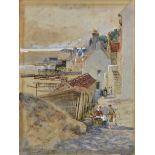 George M. Greig (Scottish, c1820-1967), Figures on a coastal village street, possibly Staithes
