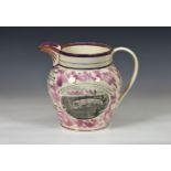 A large named Sunderland pink lustre jug, painted and transfer printed, one side with a panel of '