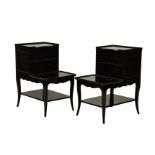 A pair of 20th century black lacquered serpentine bedside cabinets, with three quarter gallery top