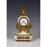 A French white marble and gilt metal mantel clock, late 19th century, the white enamel Arabic dial