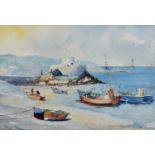 David Jory (British, 20th century), three watercolours - Fort Grey with fishing boats in foreground,