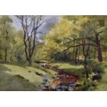 Frank Duffield (British, 1901-1982, Bristol Savages), Wooded landscape with stream watercolour,
