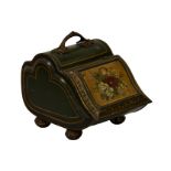 A Victorian toleware coal scuttle, with painted flowers on a gold background to the hinged lid,