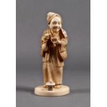 A finely carved Japanese ivory okimono of an inebriated lady, Meiji period (1868-1912), holding a
