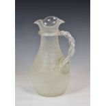 Antique crackle glass overshot champagne pitcher by Boston & Sandwich, having trefoil rim, twisted