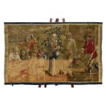 A 17th / 18th century Flemish tapestry fragment, depicting figures at a feast, 65 x 41in. (165 x