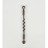 A George III steel peg and worm corkscrew, c.1800, cut steel with grooved worm and rounded ends, one