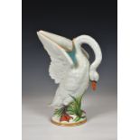 An extremely rare Wedgwood majolica glazed earthenware swan ewer, circa 1875, the swan with