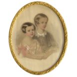 Fanny Doetter Corbaux (British, 1812-1883), Portrait of two young sisters, half length, oval, pencil