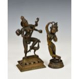 A bronze Hindu Saraswati figure, playing a lute with bird beside, raised on rectangular and lotus